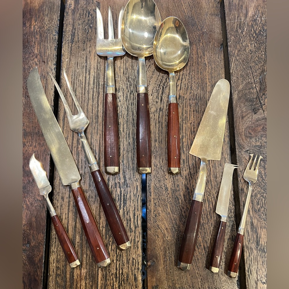 Vintage Rosewood & Brass Serving Set – 9 Pieces | Carving & Entertaining | MCM